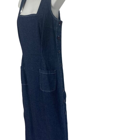 Vintage Boutique Europa Denim Maxi Dress 12 Side Buttons Pockets Stretch NWOT - Picture 7 of 11